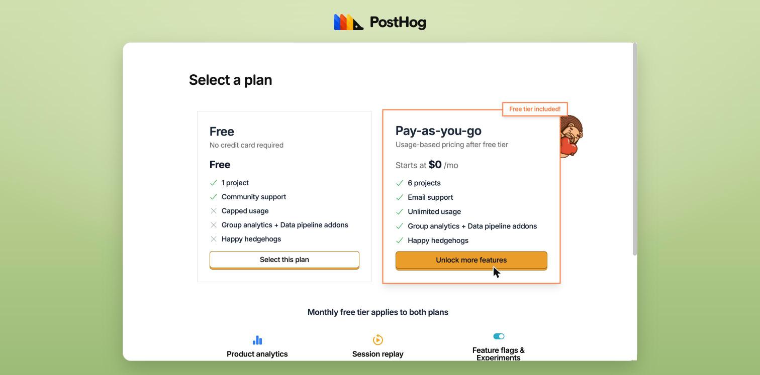 PostHog plan picker with the free tier allowances