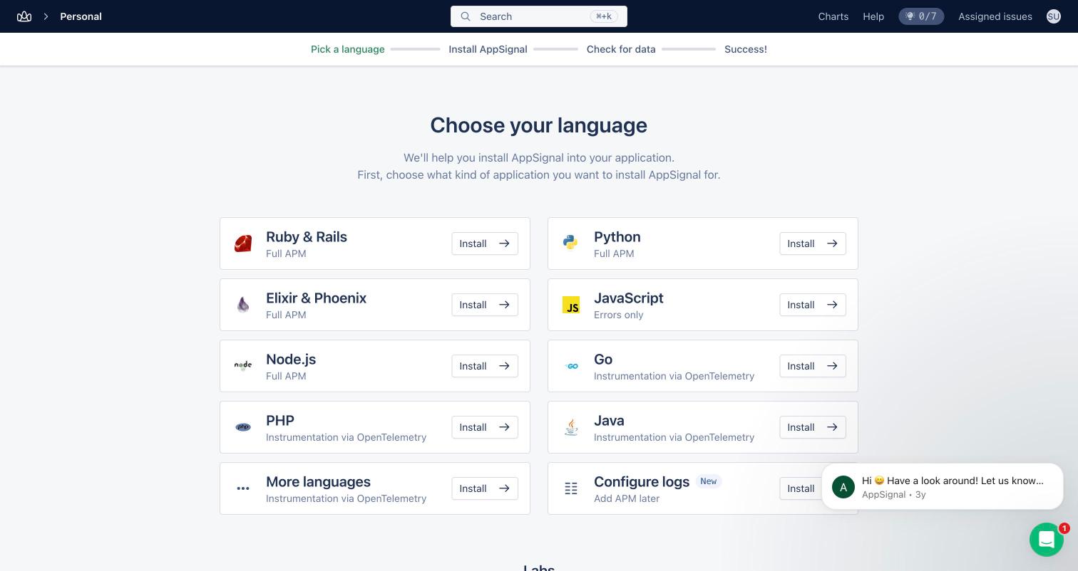 AppSignal language picker during onboarding