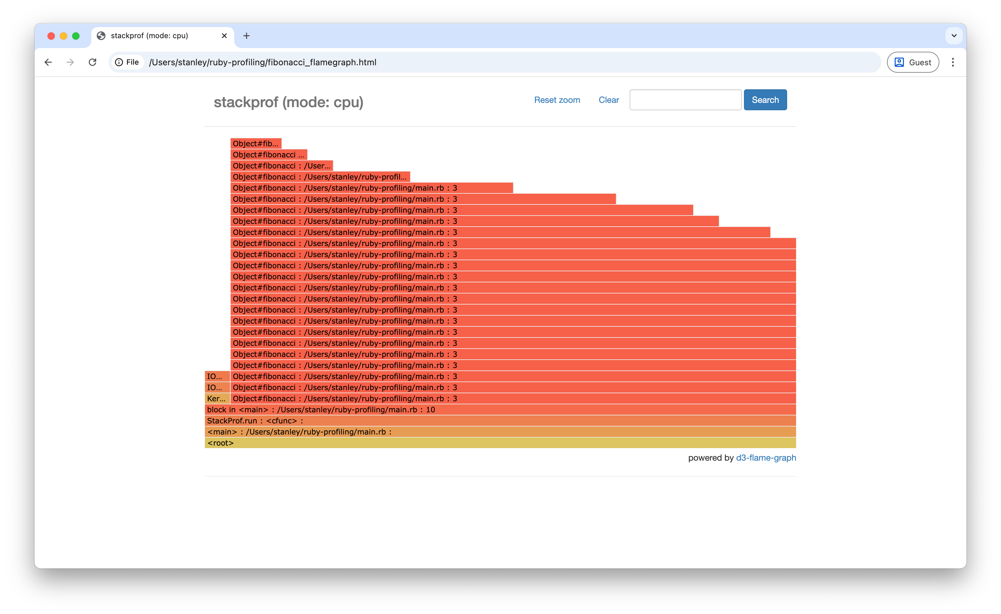 Screenshot of the Fibonacci framegraph in the browser