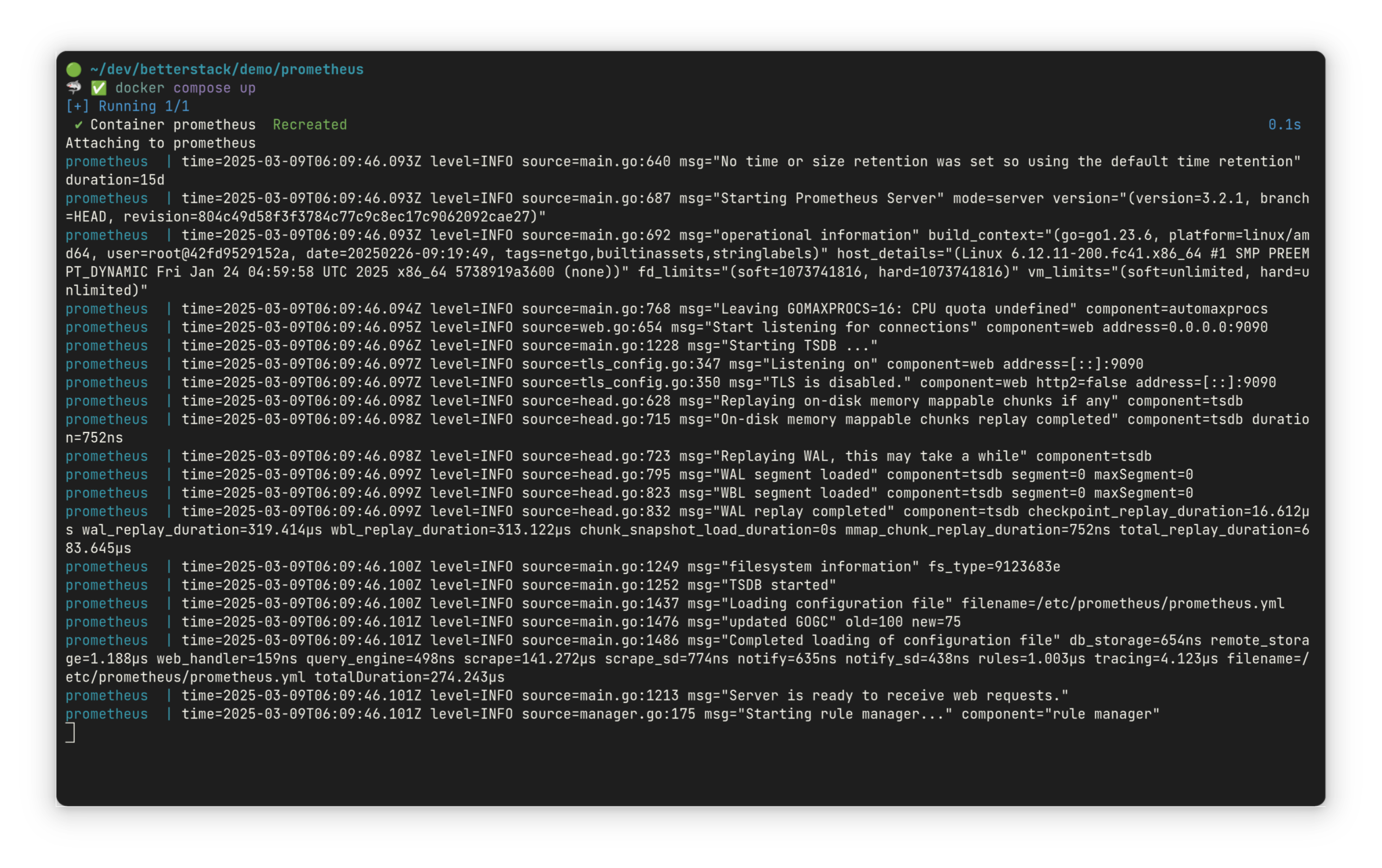 A terminal showing Prometheus starting with the OTLP receiver enabled and logs indicating successful configuration