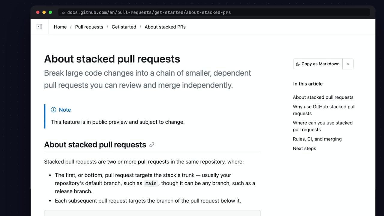 A screenshot of the GitHub documentation highlighting the core definition of Stacked Pull Requests.
