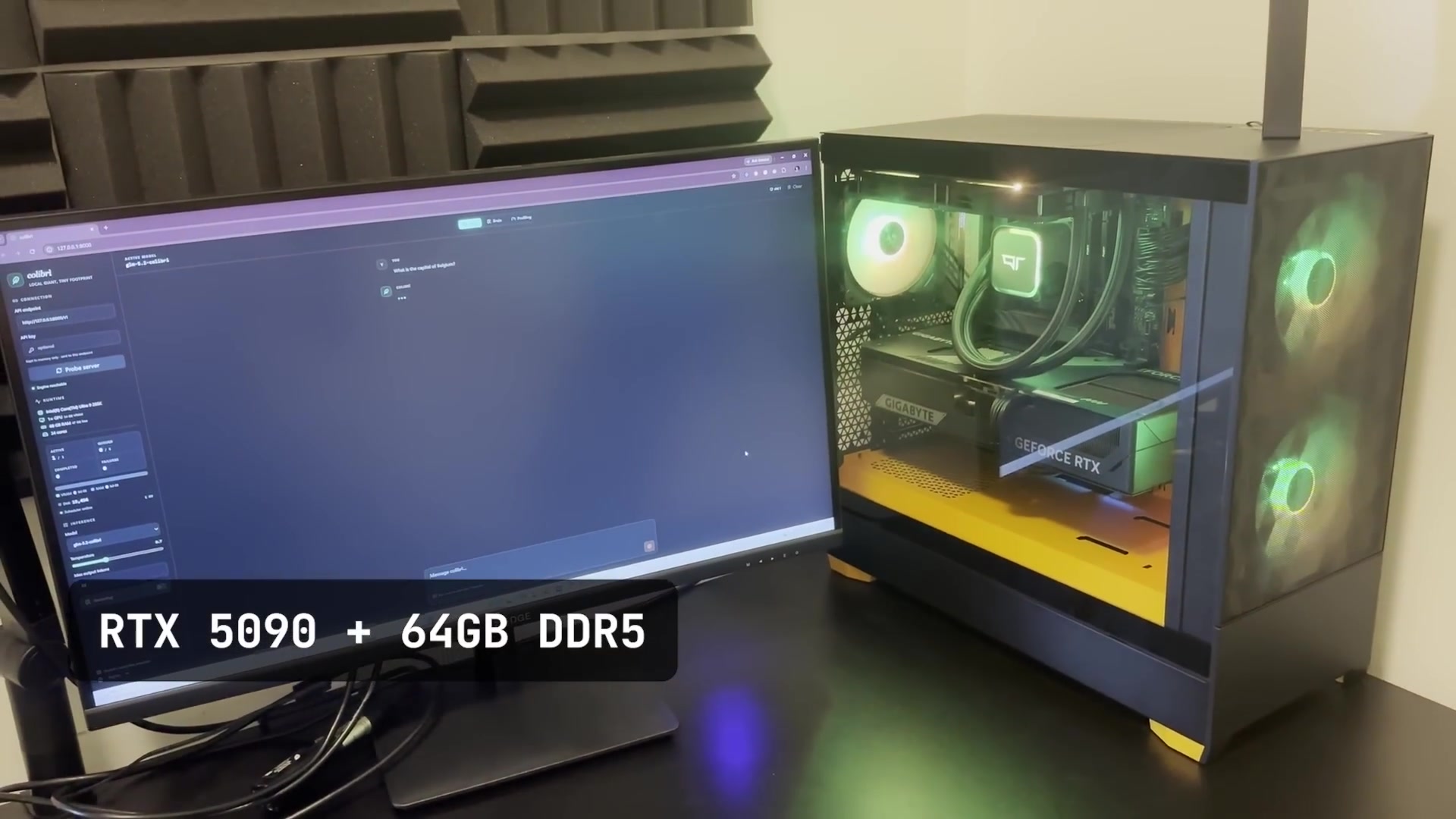 A shot of the physical computer workstation used for testing, showing the RTX 5090 GPU and case fans.
