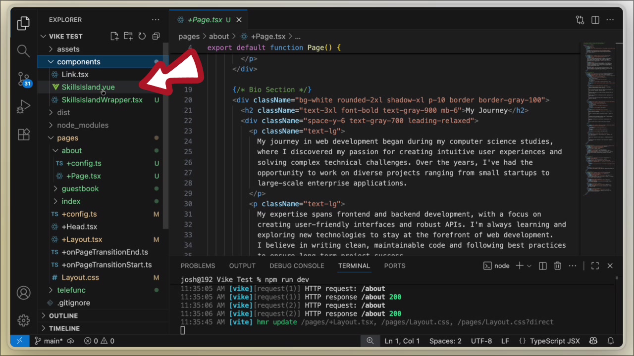 A screenshot of the code for the `SkillsIsland.vue` component, showcasing standard Vue syntax.