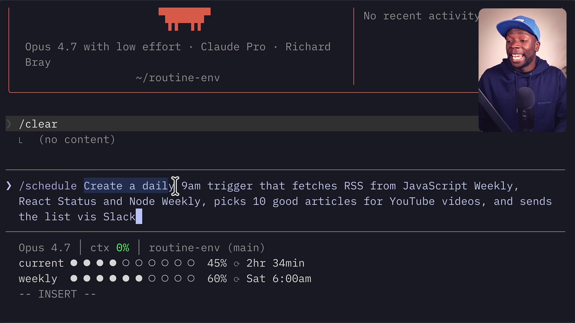 The full /schedule command being typed into the Claude Code terminal