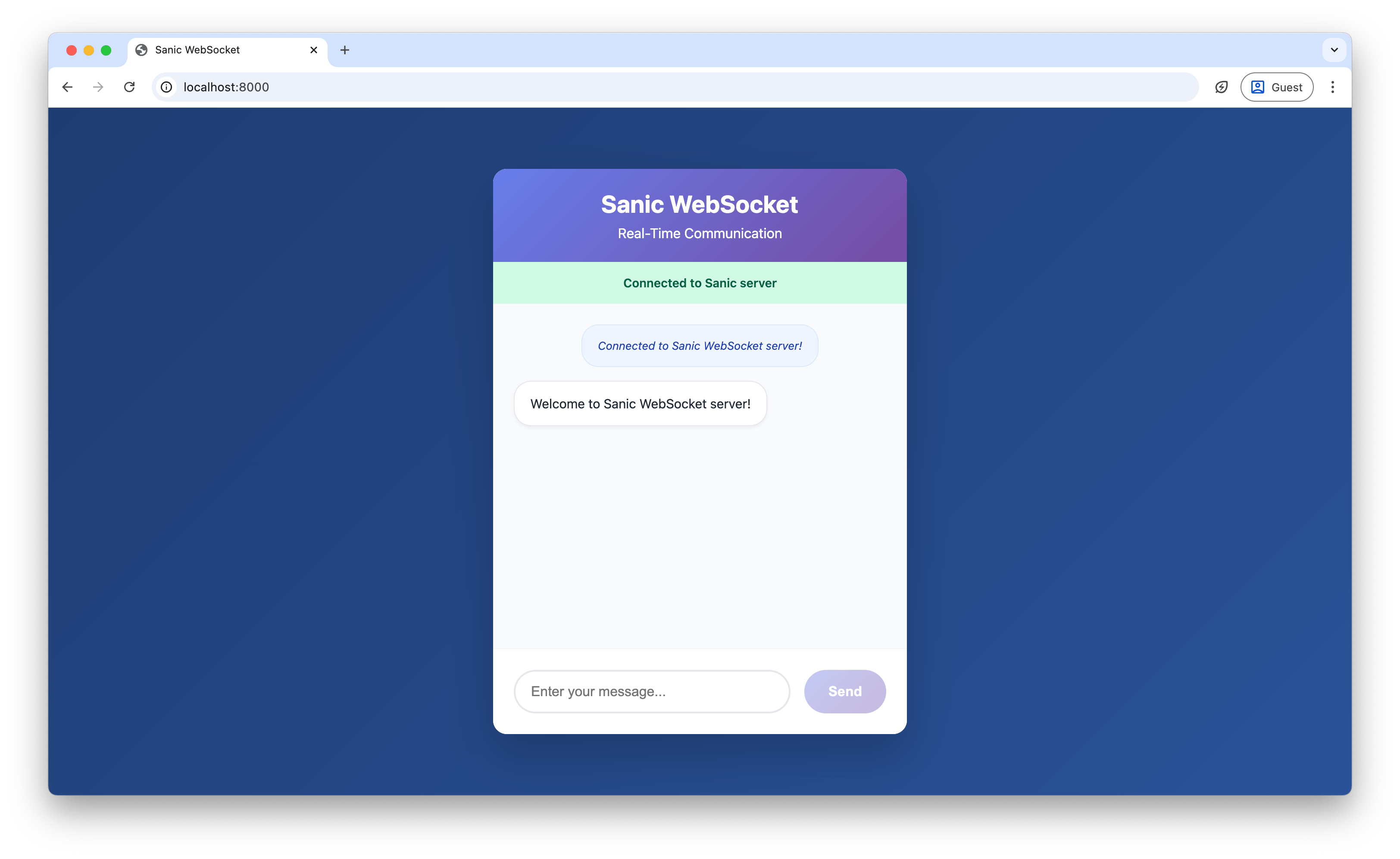 Screenshot of Sanic WebSocket interface showing successful connection status