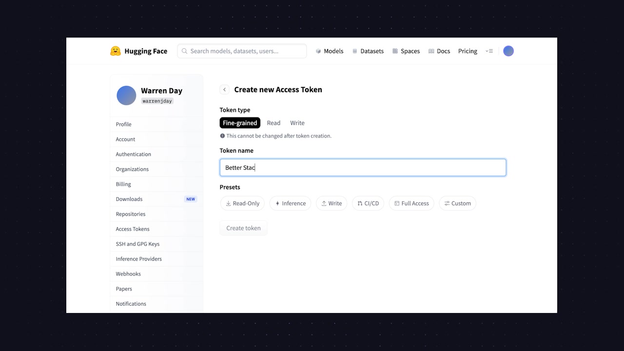 A screenshot of the Hugging Face user interface showing the "Create new Access Token" page with the "Fine-grained" option selected.