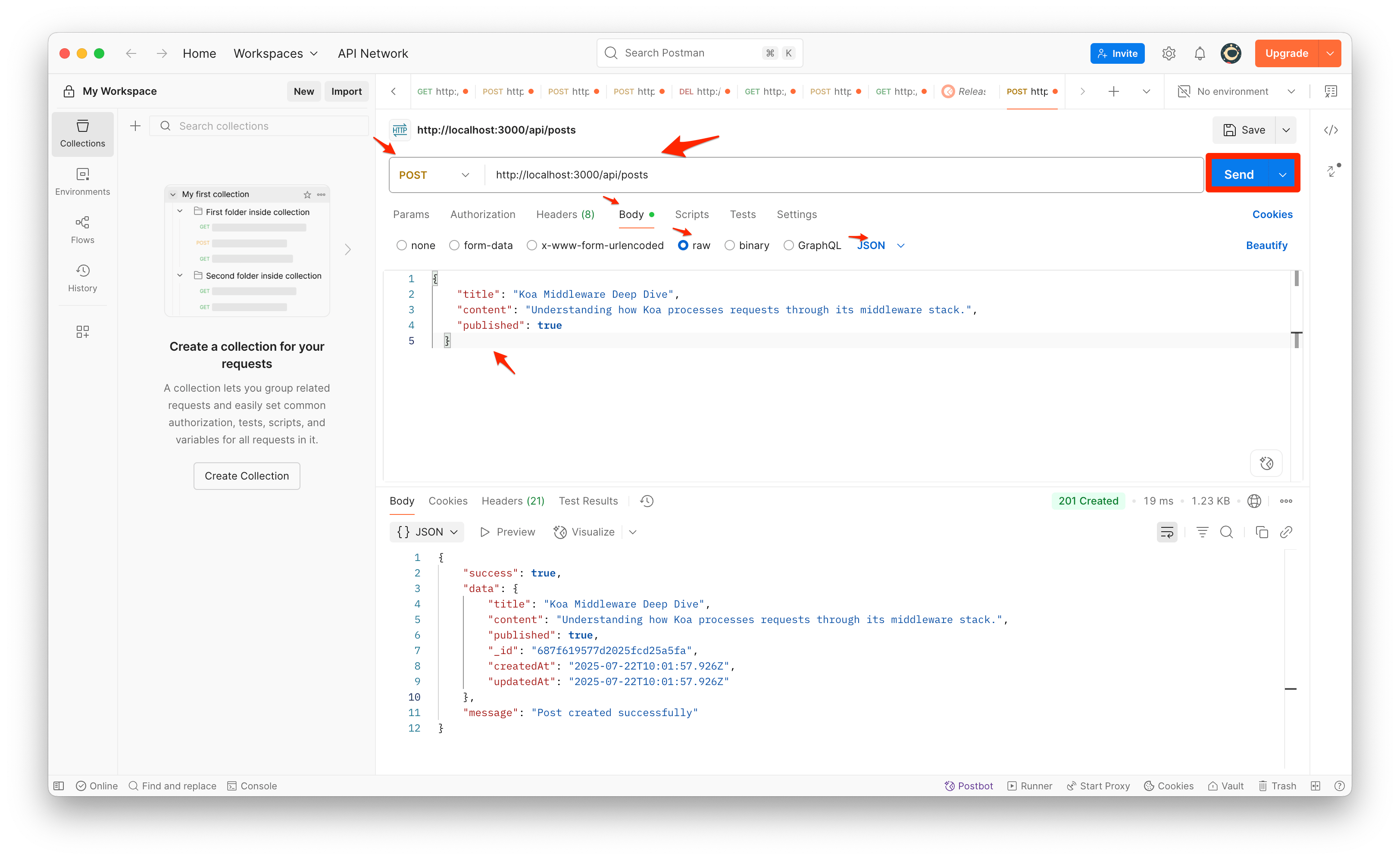 Screenshot of Postman POST request for creating a blog post