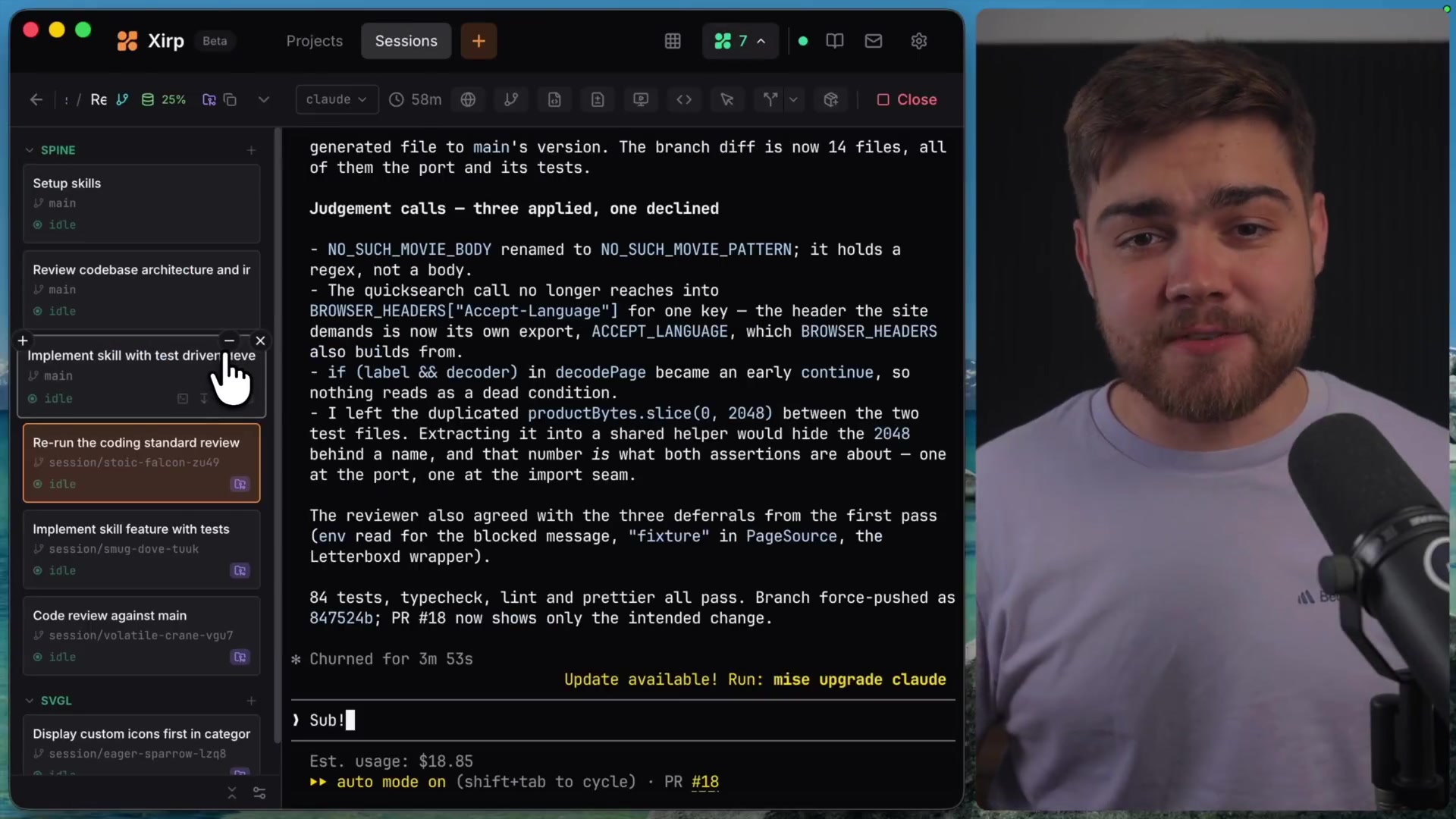 The detailed session view, showing a Claude agent's terminal output and a sidebar for navigating other sessions.