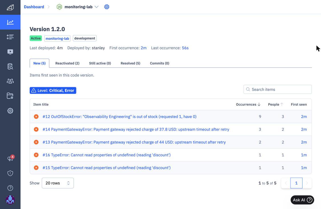 Rollbar version 1.2.0 page with new and reactivated items