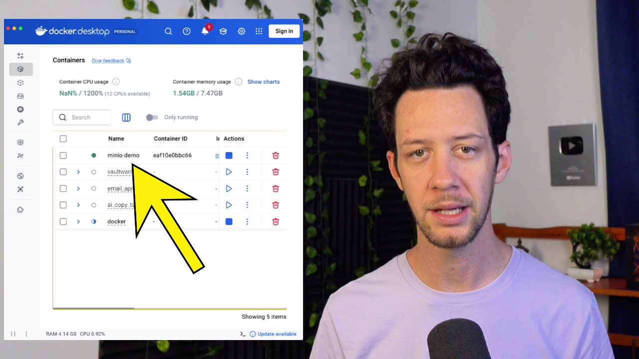Docker Desktop interface showing the minio-dev container in a running state