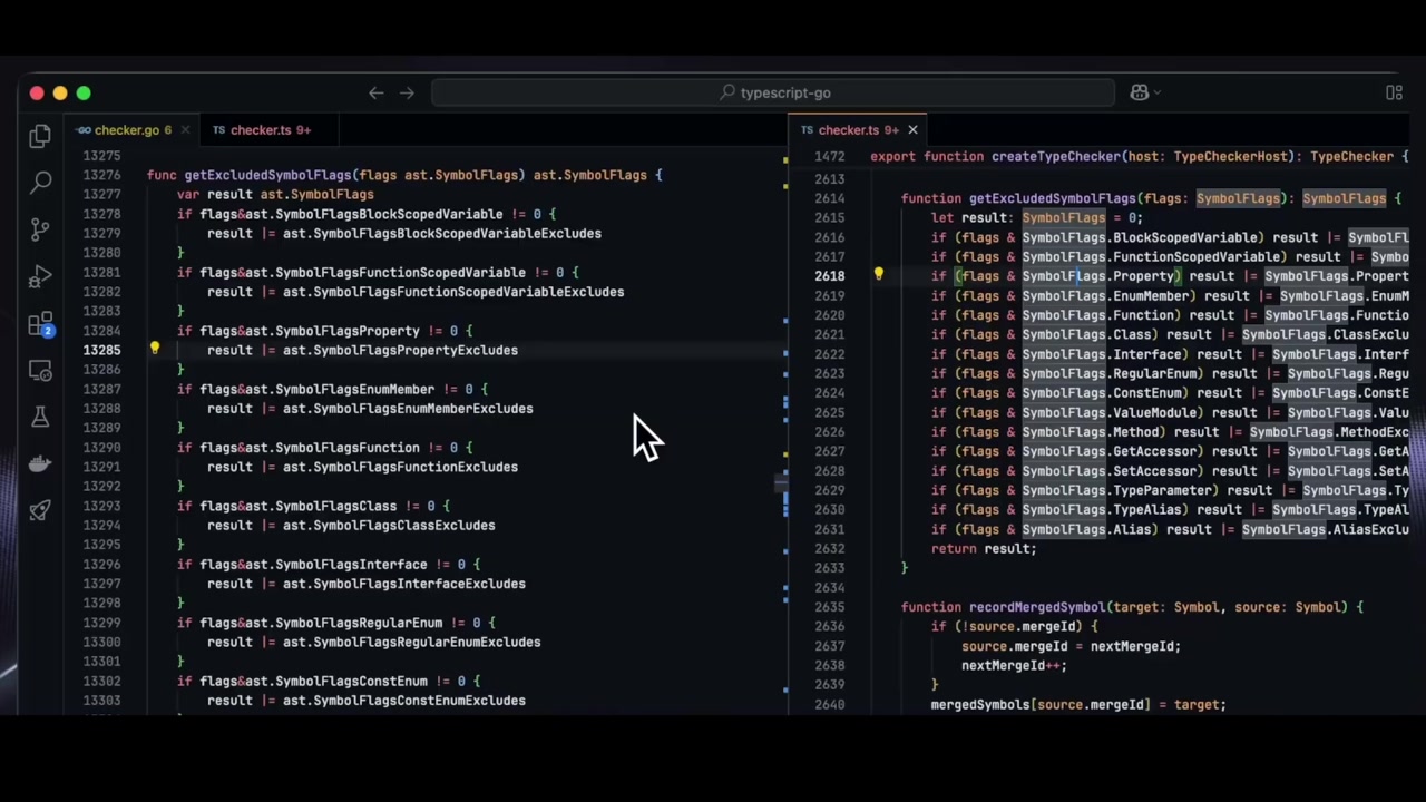 A side-by-side comparison of the Go and JavaScript checker files, showing their structural similarity.