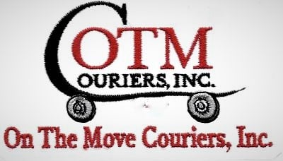 Logo for "On The Move Couriers, Inc." featuring stylized text with wheels under "OTM Couriers, Inc."