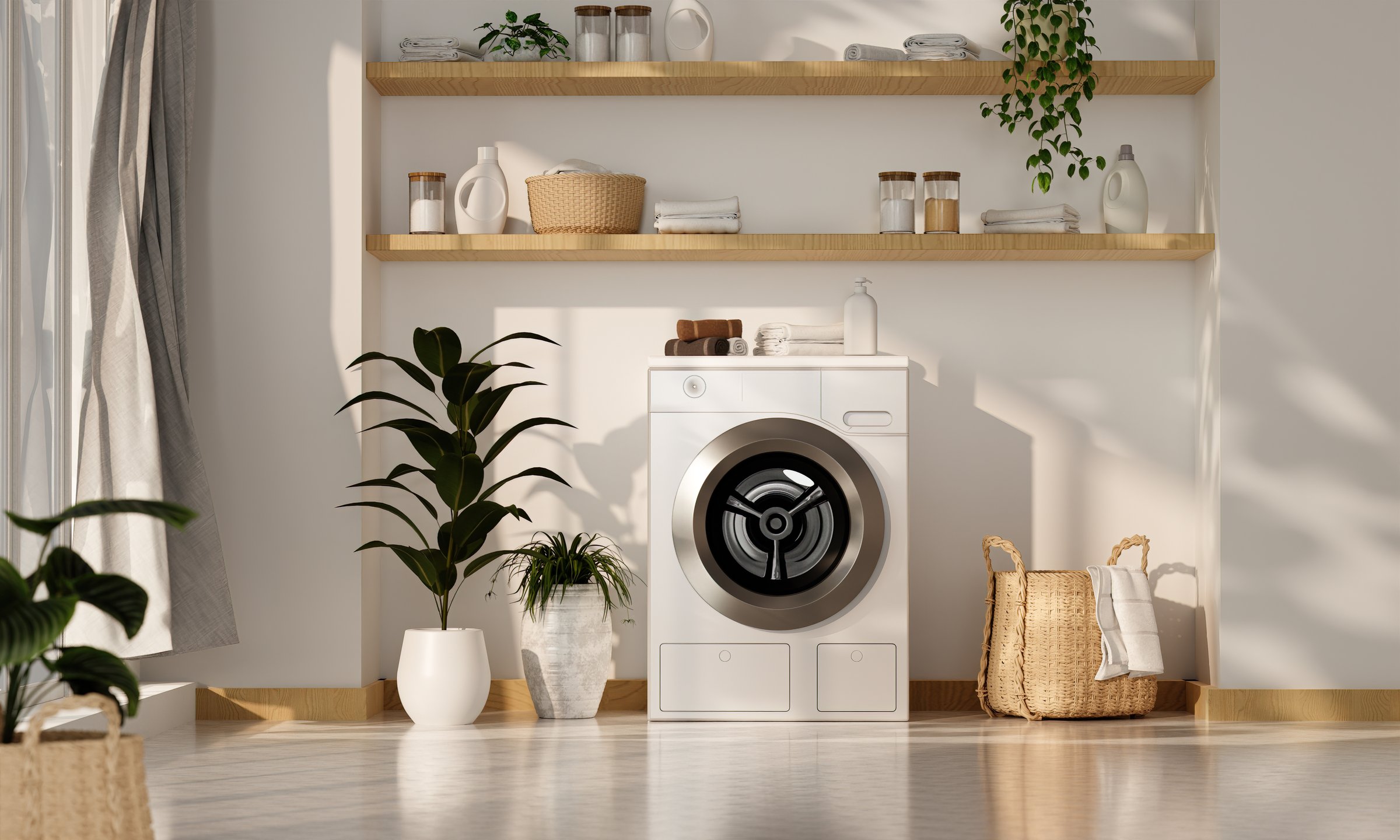 A beautifully designed laundry room featuring a modern washing machine, natural decor elements, and ample sunlight.