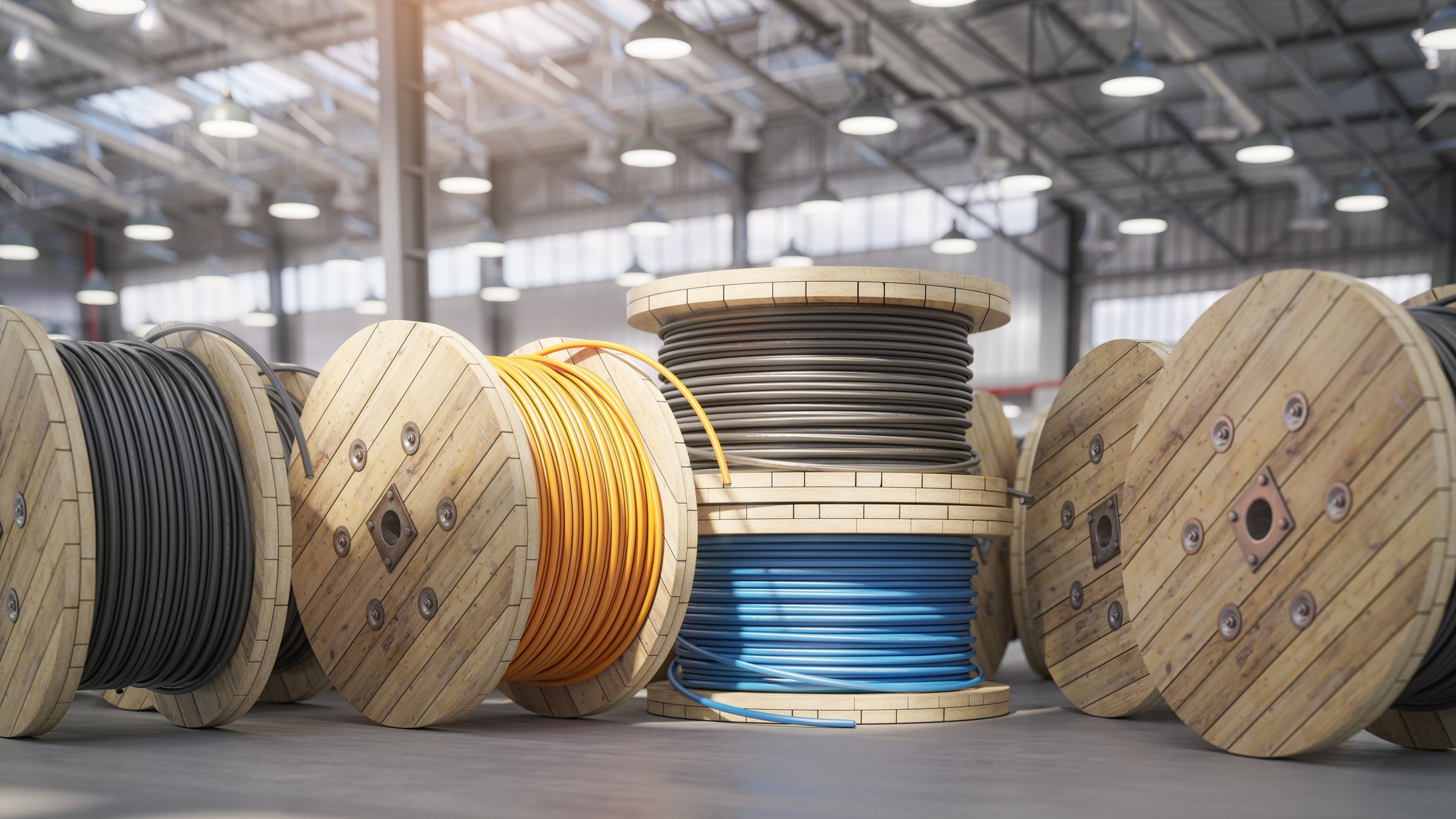 Wire electric cable on wooden coil or spool in warehouse. 3d illustration