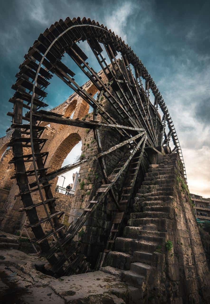 Ancient wooden Norias (water wheels) of Hama along the Orontes River, Syria