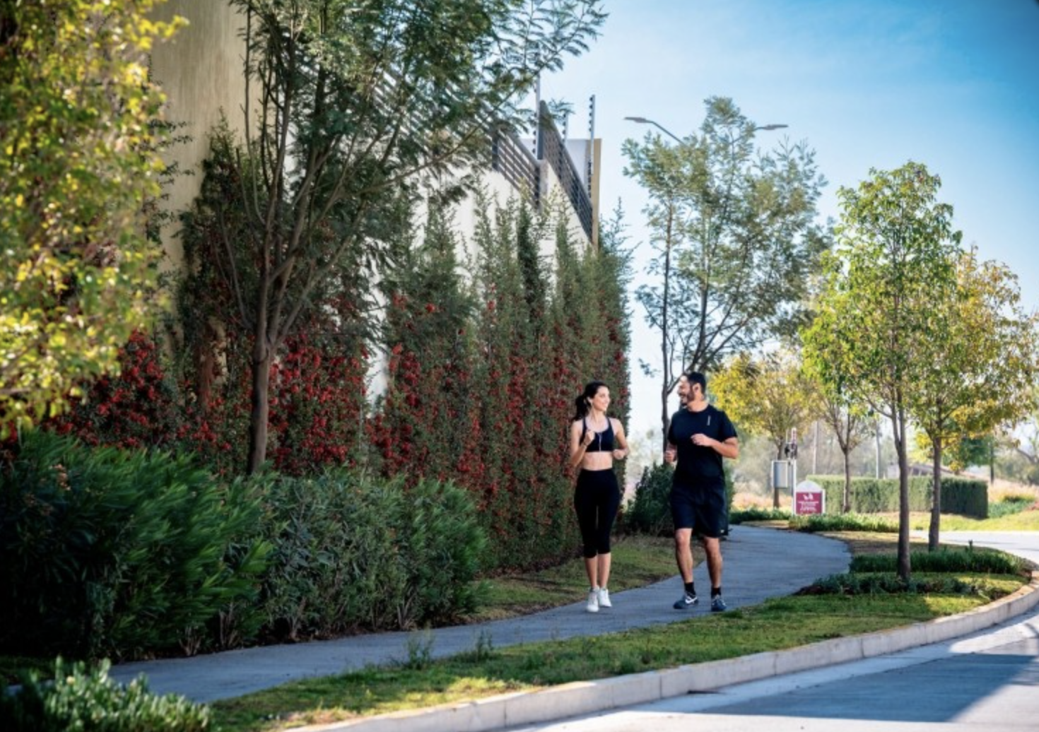 Two people jogging on a tree-lined path, wearing athletic gear, under a clear blue sky.