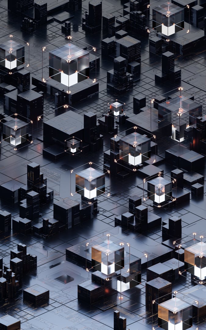 Metallic cube circuit board, 3d rendering. 3D illustration.