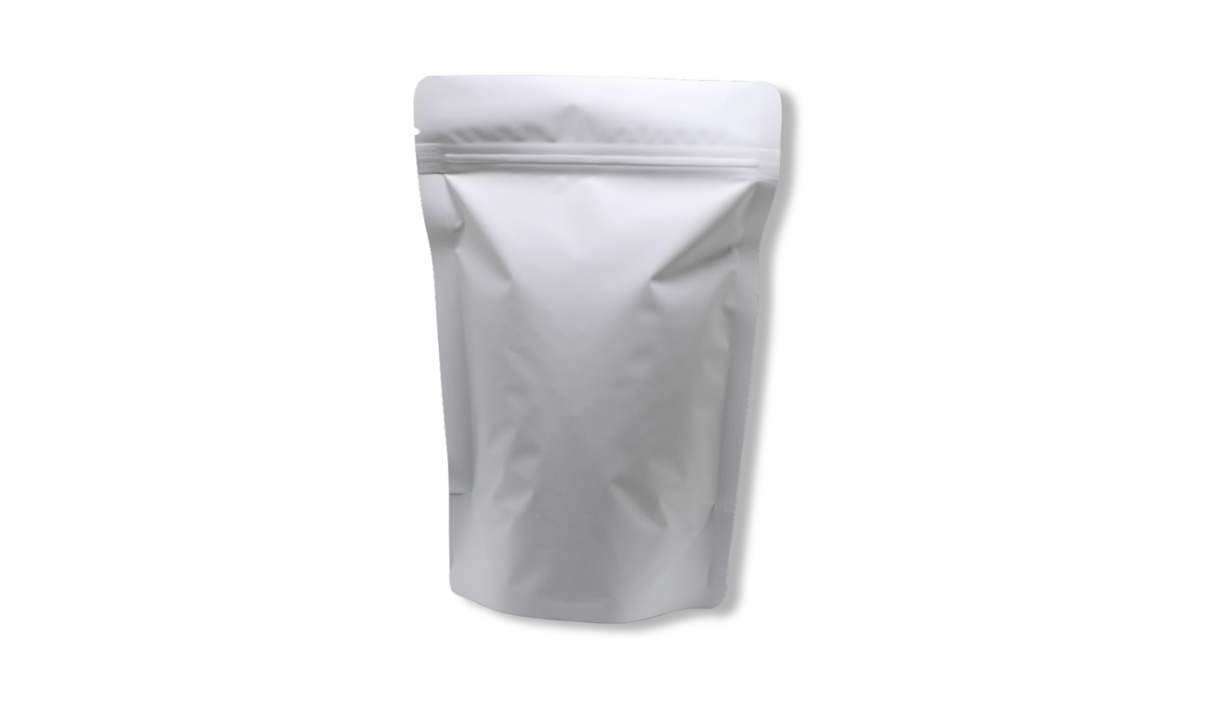 A plain white stand-up pouch with a zipper closure, commonly used for packaging food or products.