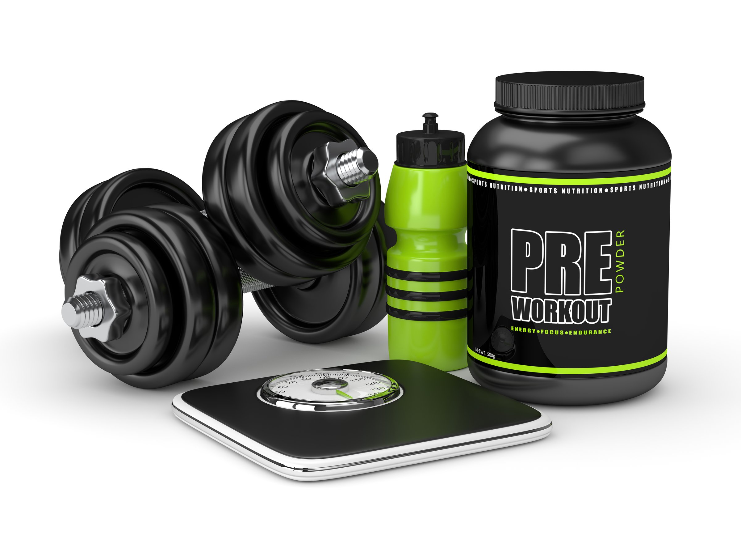 3d render of pre-workout powder with dumbbells, scale and drink bottle isolated over white background