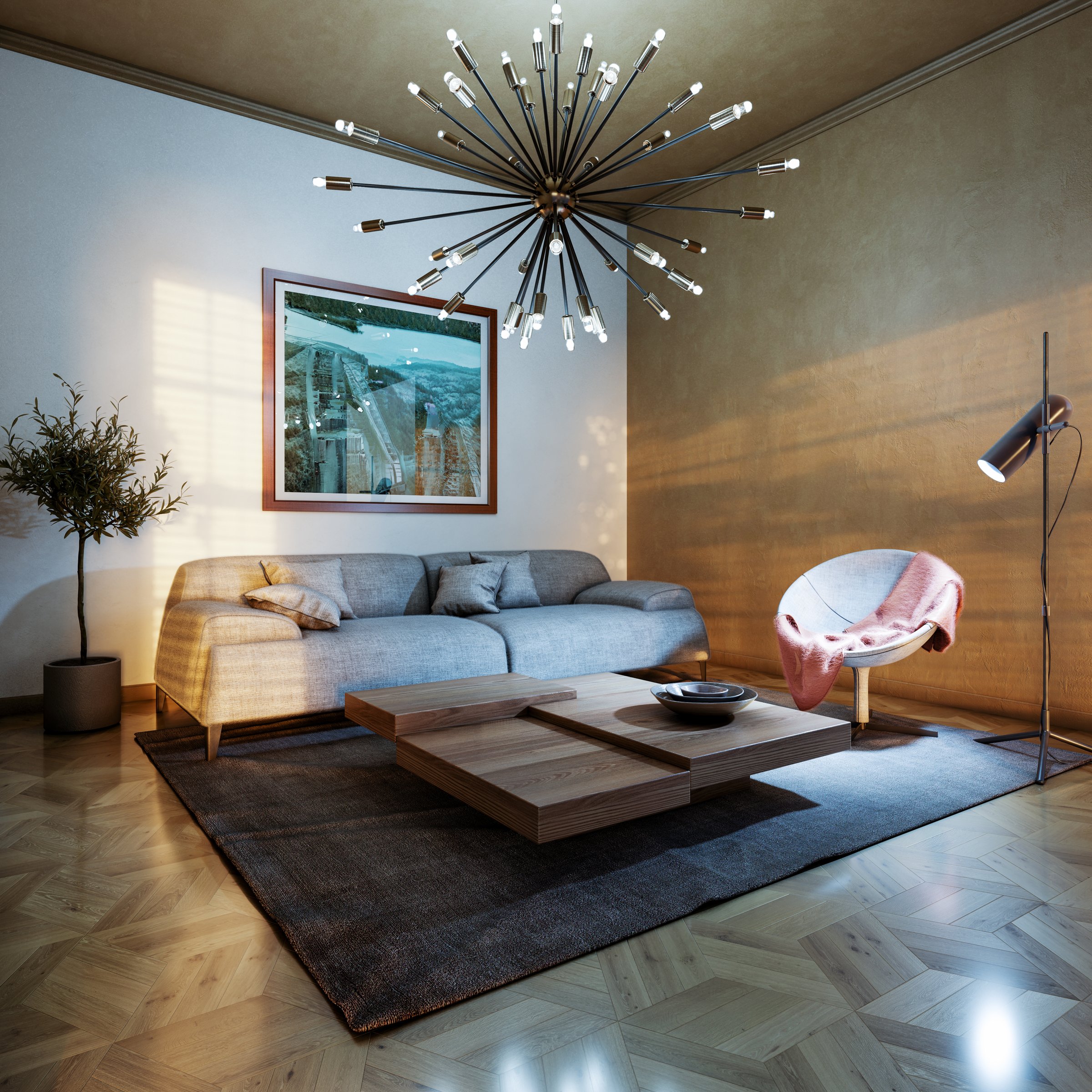 Large luxury modern bright interiors Living room mockup illustration 3D rendering image