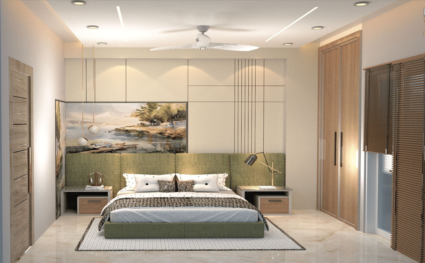Modern bedroom with green upholstered bed, landscape wall art, wooden accents, and pendant lights.