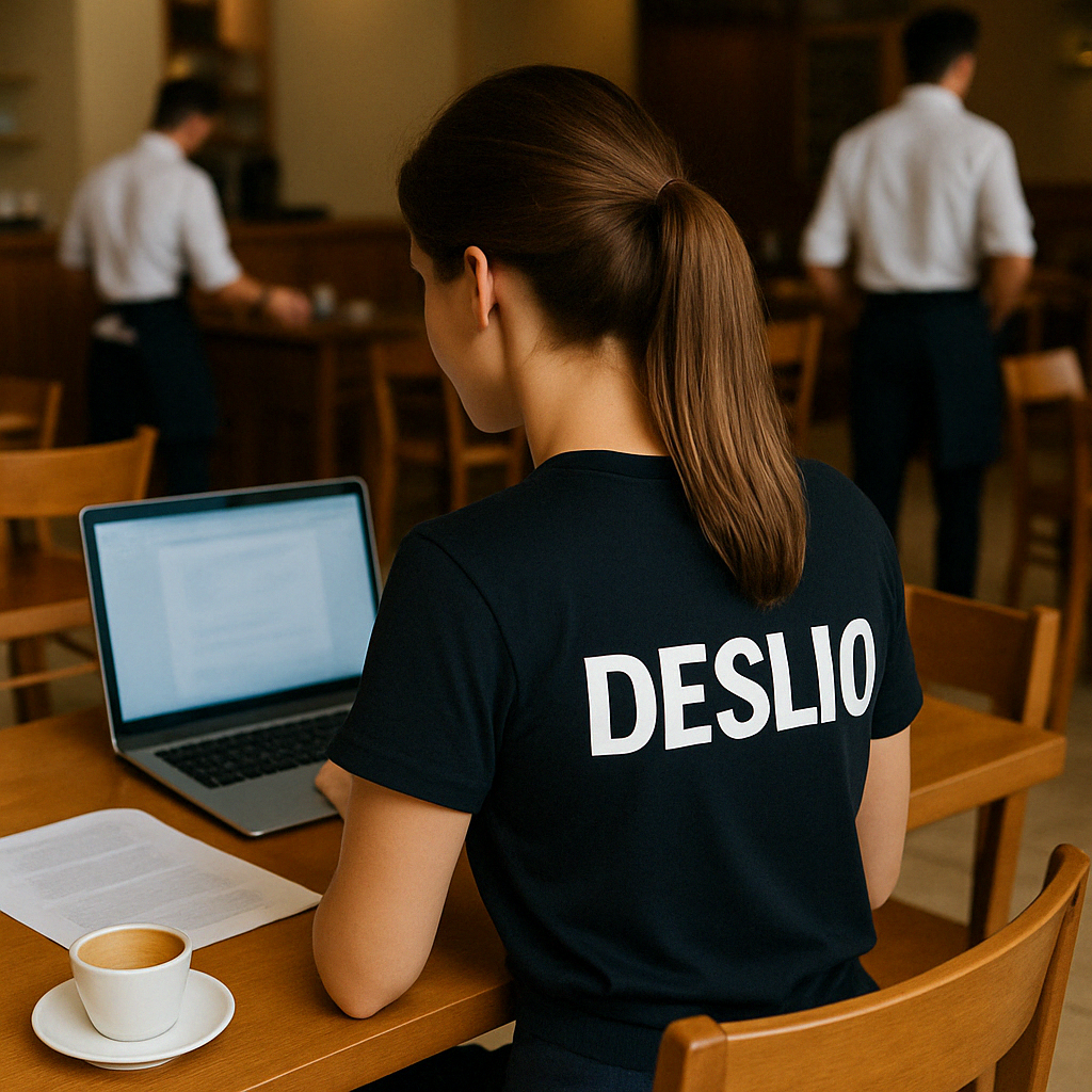 Person in a "DESLIO" shirt working on a laptop in a café, with a coffee cup and loose papers on the table.