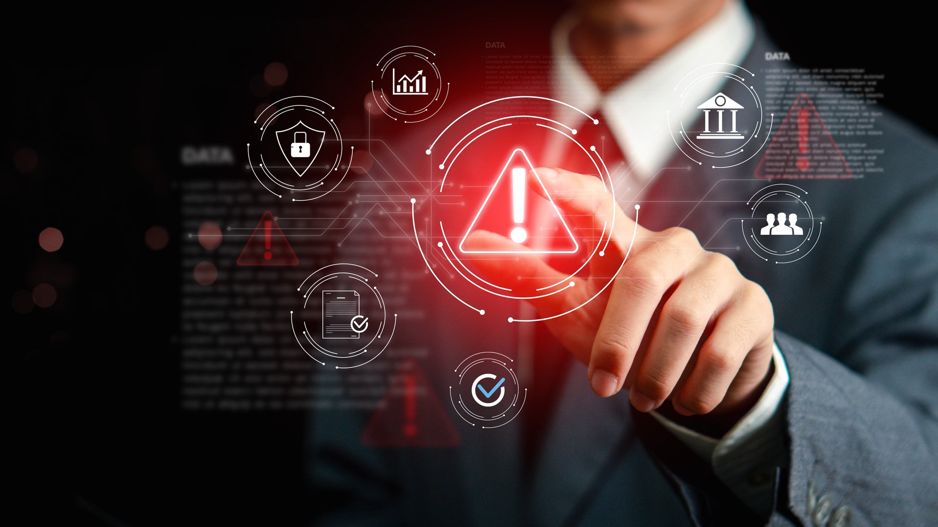 Cybersecurity Concept. Hand interacting with futuristic digital icons representing risk management and safety. Data protection concept.