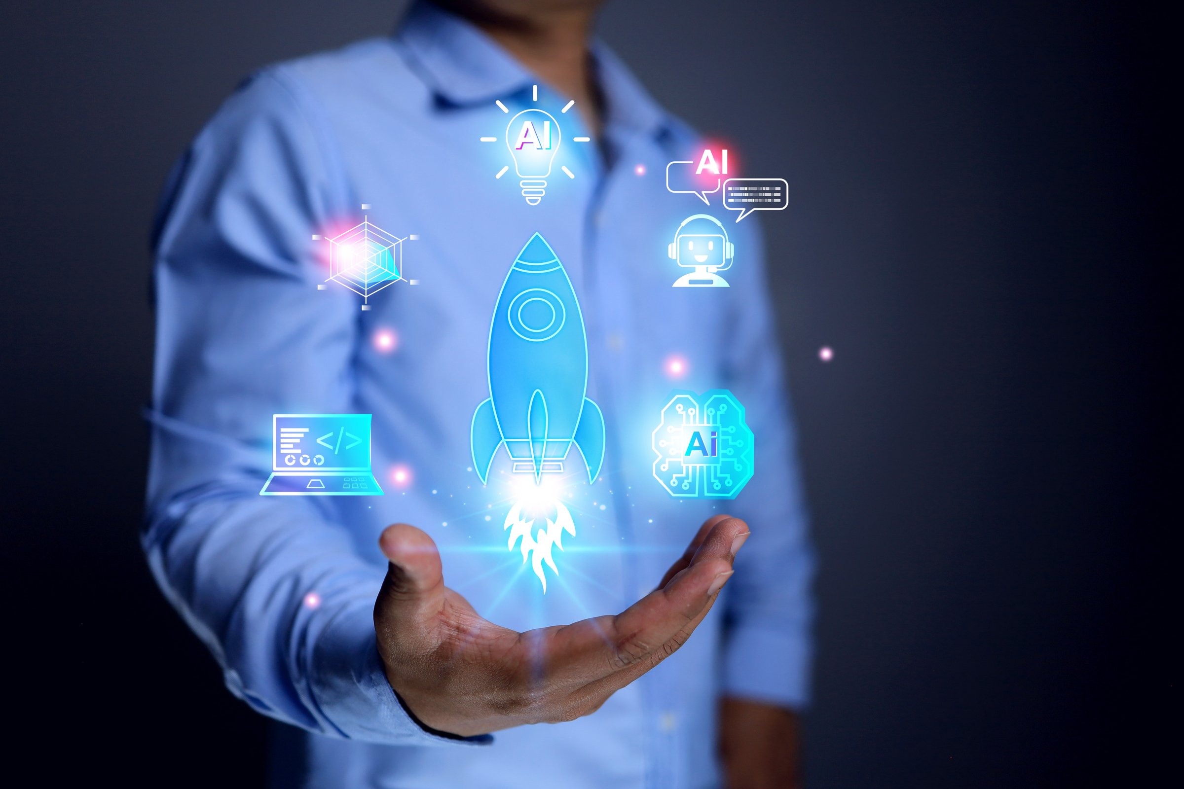 innovation creativity concept with businessman release rocket from his hand to go represent company growth and drive by technology and artificial intelligence AI aim goal success