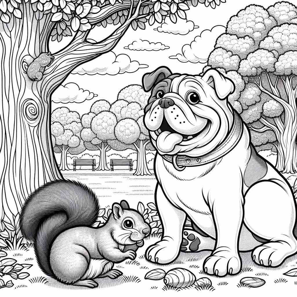 A cartoon bulldog sitting next to a squirrel holding a nut, surrounded by trees in a park setting.