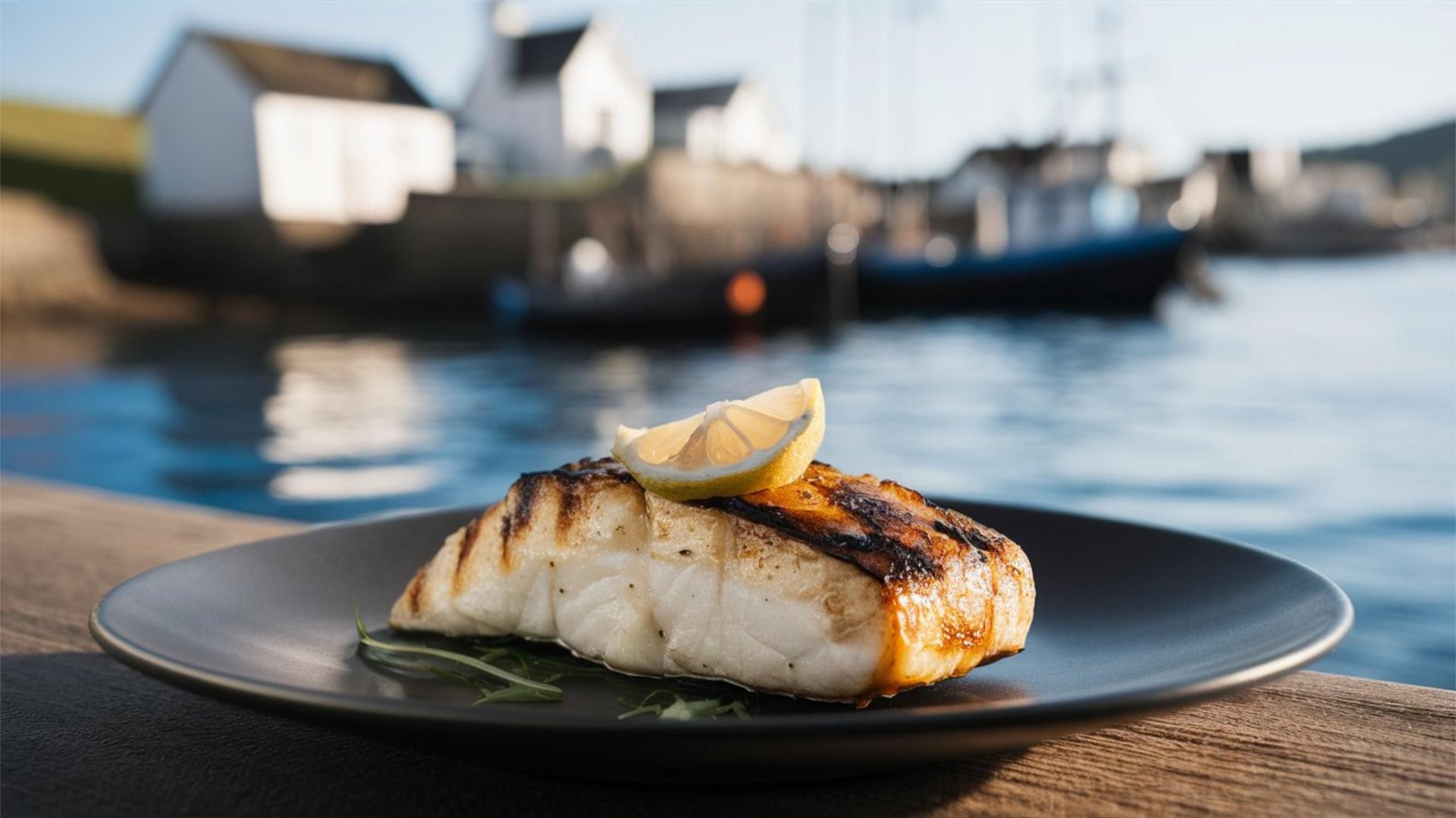 Grilled fish with lemon on a plate by the seaside, with blurred boats and houses in the background, capturing a coastal culinary scene.