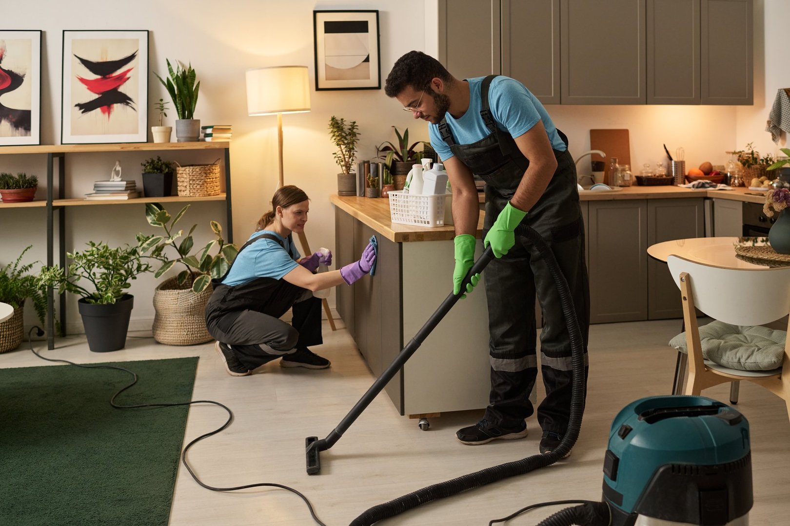 Cleaning workers vacuuming floor and wiping dust during general cleaning in apartment