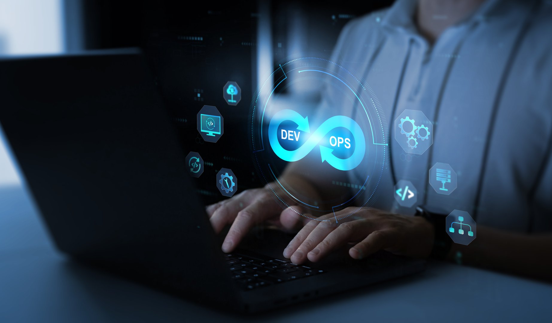 Agile programming and DevOps technology. IT operations concept. Software quality and software development. System engineer and programming digital development