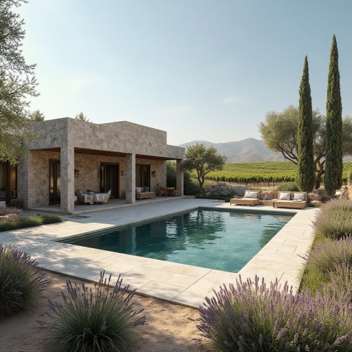 Stone villa with a pool surrounded by lavender and trees, set against a backdrop of vineyards and distant mountains.