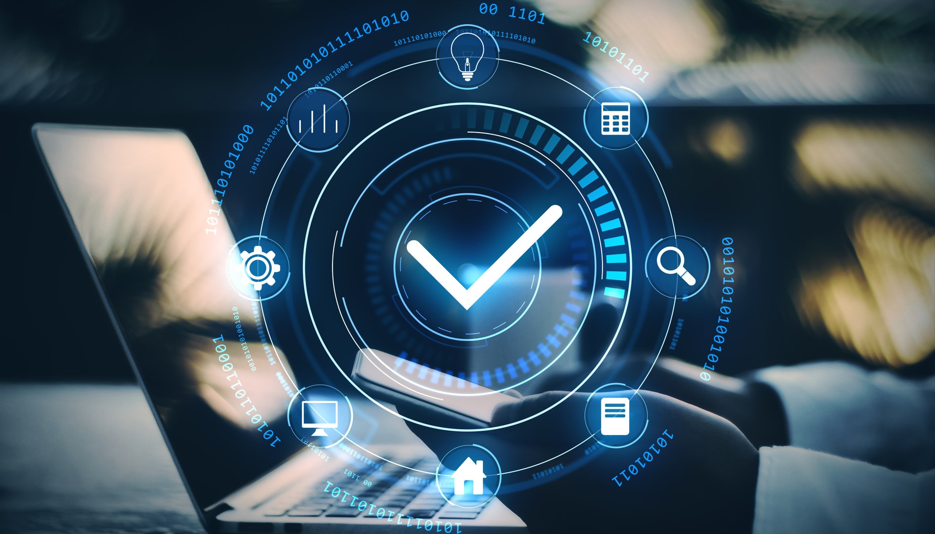 Digital checkmark hologram overlay with icons and neon light on laptop and smartphone background, symbolizing technology and business concepts