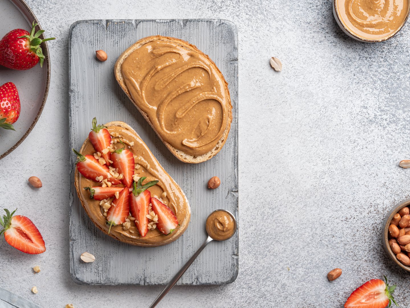 Healthy morning breakfast, lunch or dessert. Vegan food. Top view, copy space, grey table.