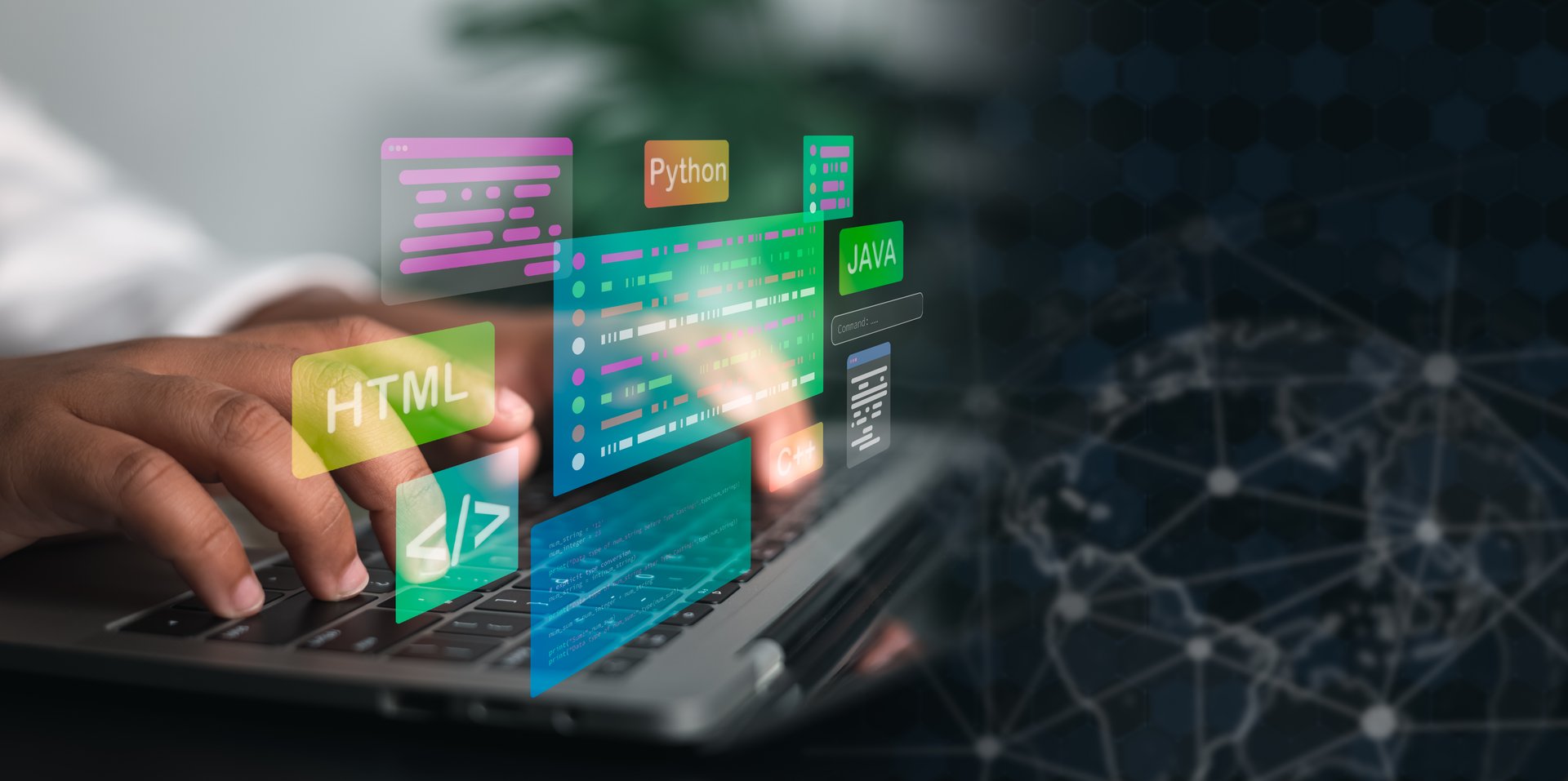 A web developer coding on laptop with virtual programming interface showing HTML, Python, Java, and C++. Concept of software development, coding, and digital technology.