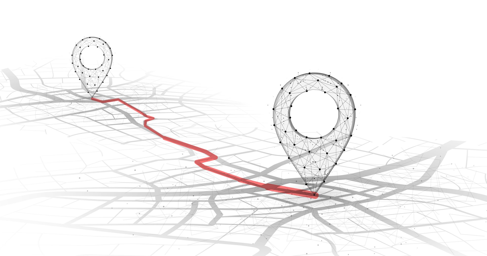 GPS. Abstract two pin icon on city map with white line connection. Transportation delivery, map location, transport logistic, tourism navigate, route path concept. Gps point navigation