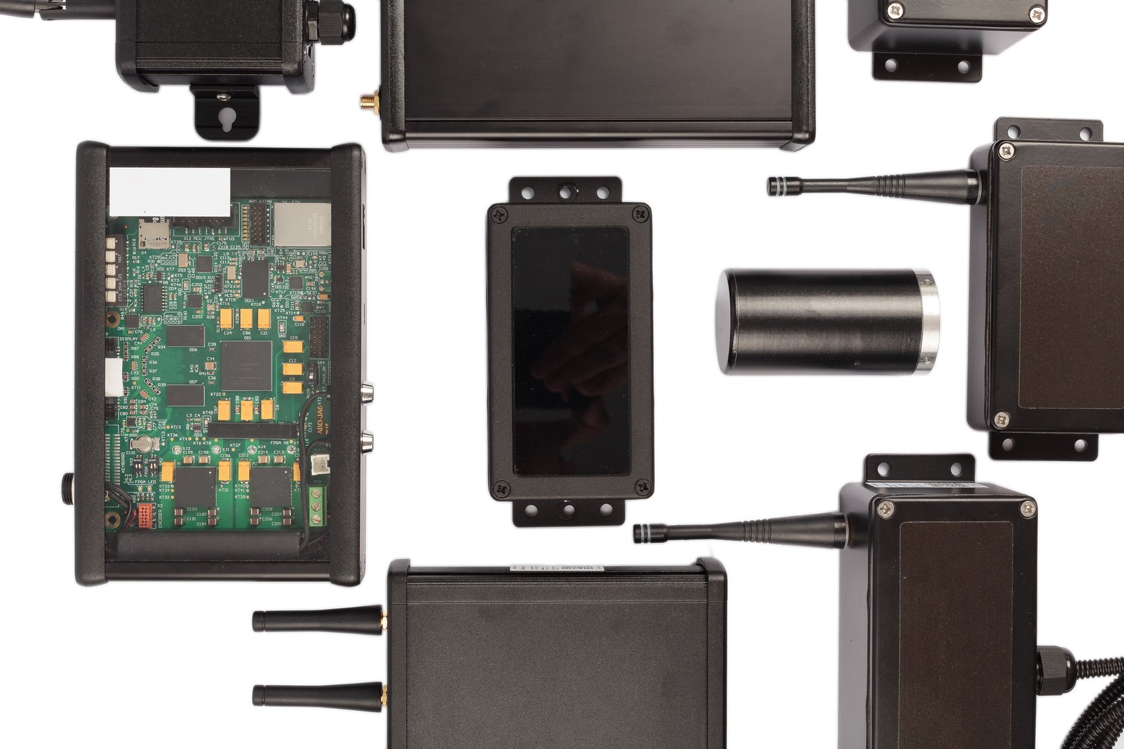 Modern electronic circuits on a white background, a set of various devices.
