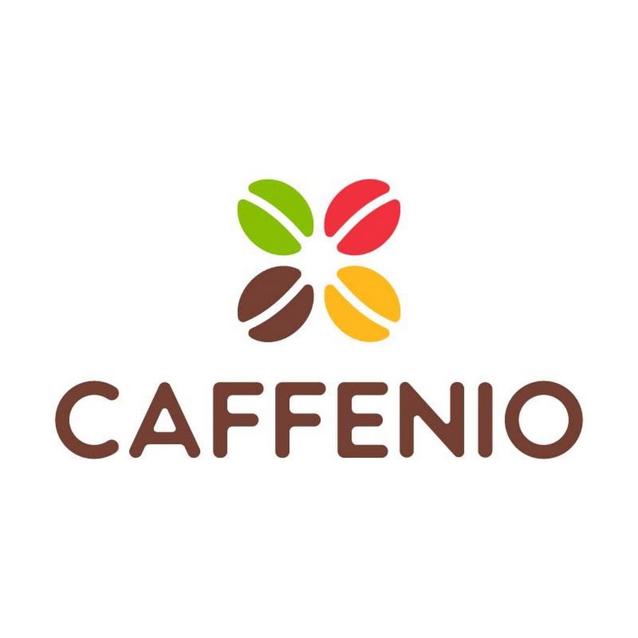 Logo of Caffenio featuring colorful coffee bean shapes forming a flower, above the word CAFFENIO in brown lettering.