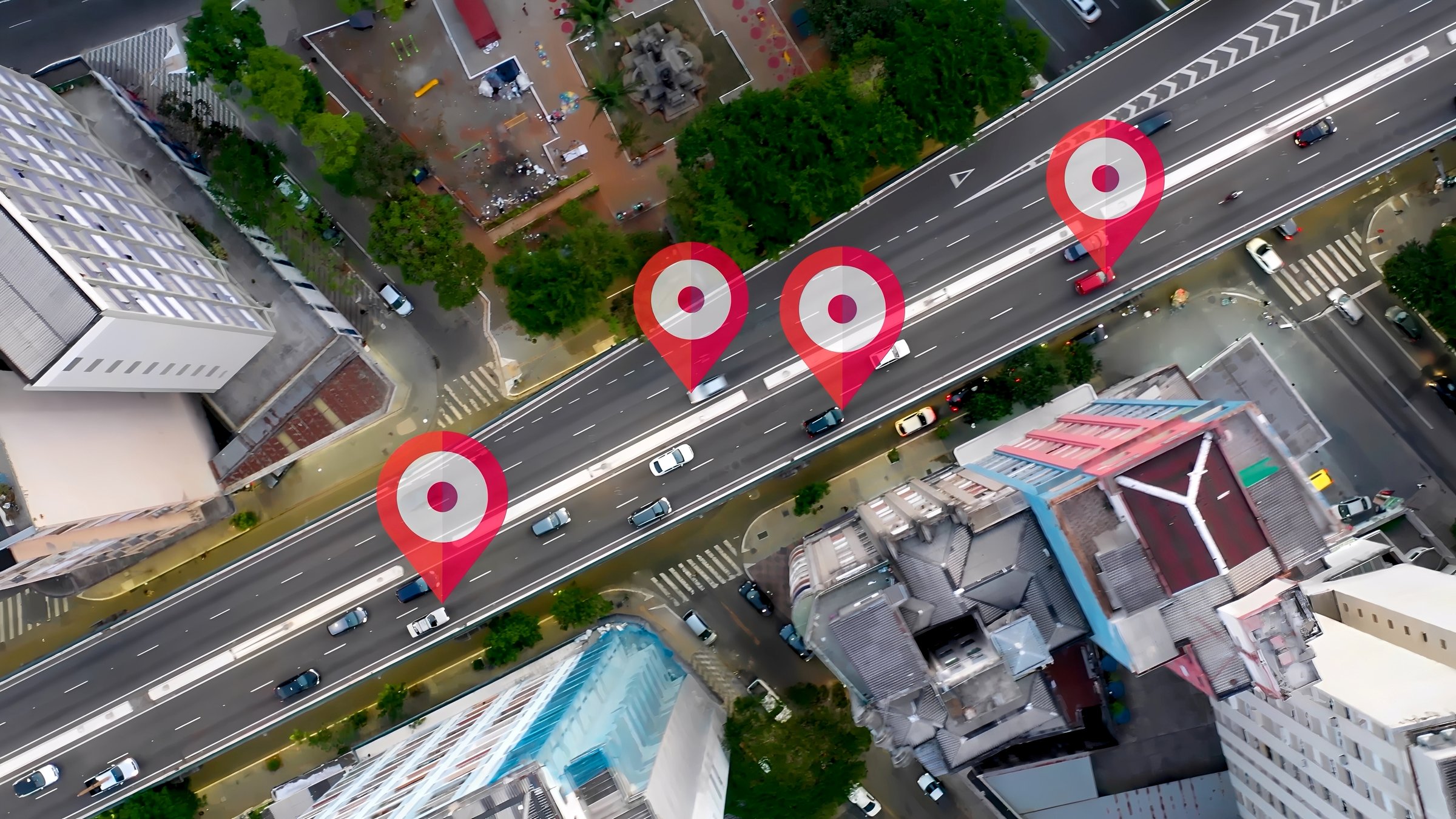 Aerial cityscape of smart city with futuristic GPS location marker icon. Smart city innovation. Connection and social media. Data analysis. Cyber technology. Cloud computing. GPS marker icon.