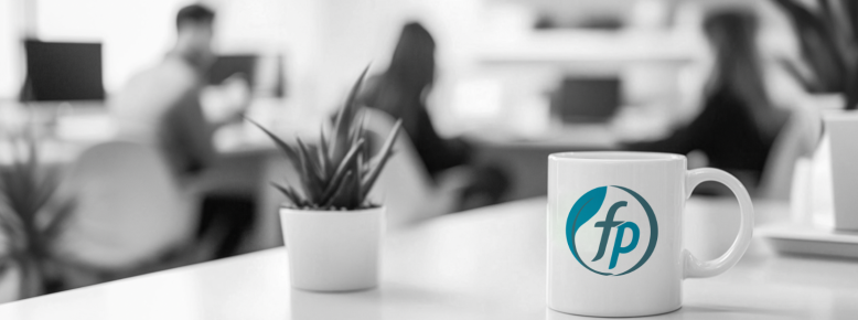 White coffee mug with a blue fp logo on a desk in an office with blurred people and computers in the background.