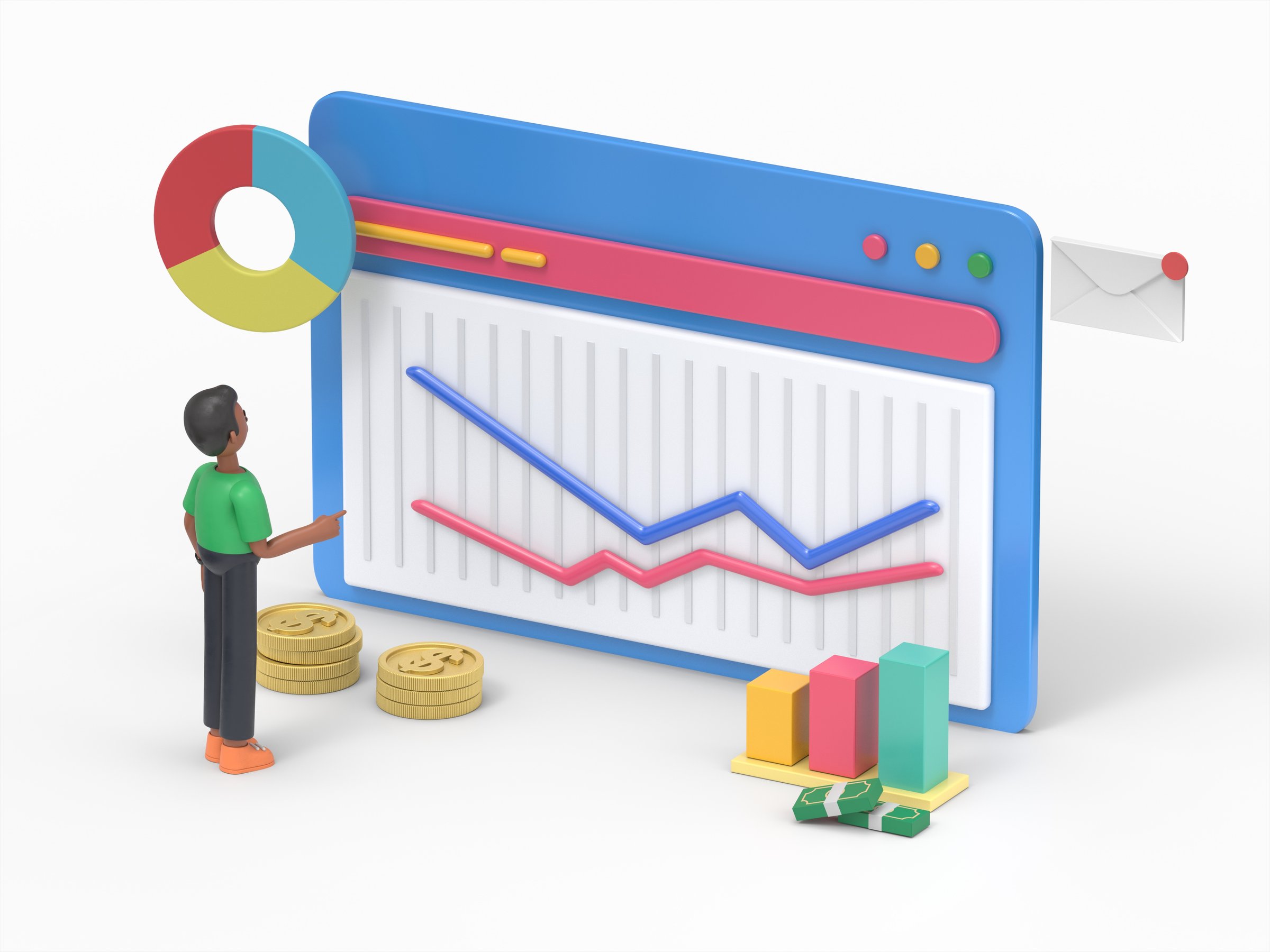 3D illustration of handsome afro man David analyzing financial data and planning investment strategy. People examining graphs, charts and diagrams. Financial research concept.