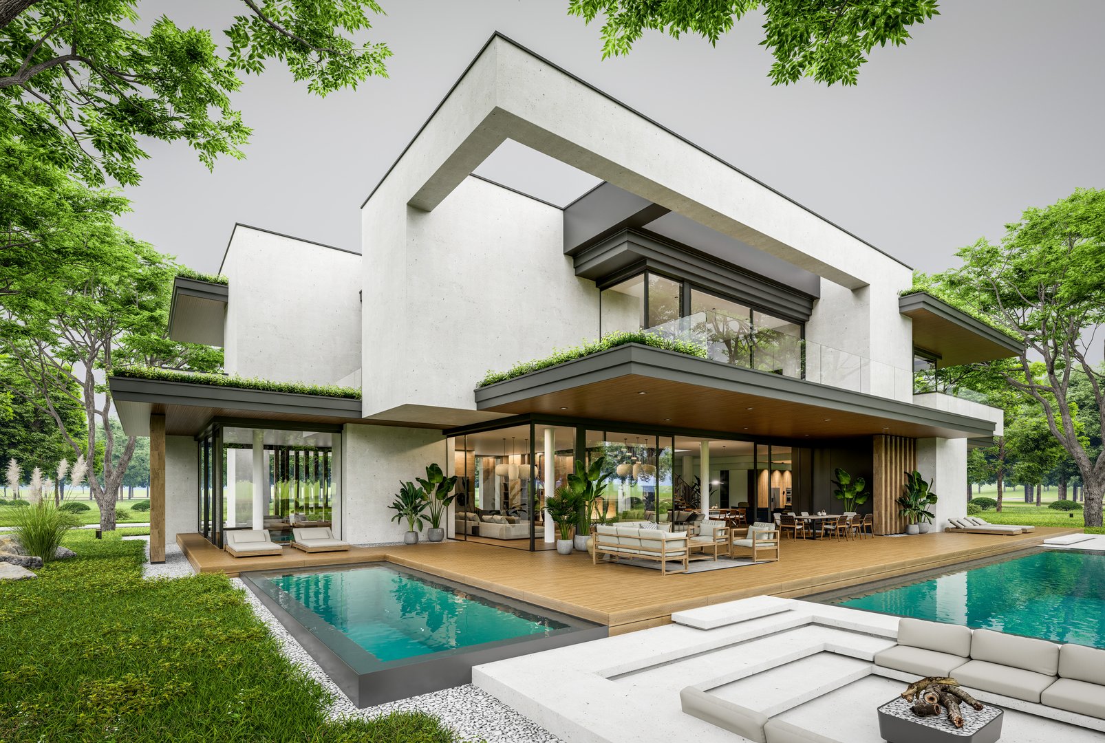 3d rendering of two-story house with parking and pool for sale or rent with concrete facade and beautiful landscaping. Cloudy white sky overcast, soft shadows