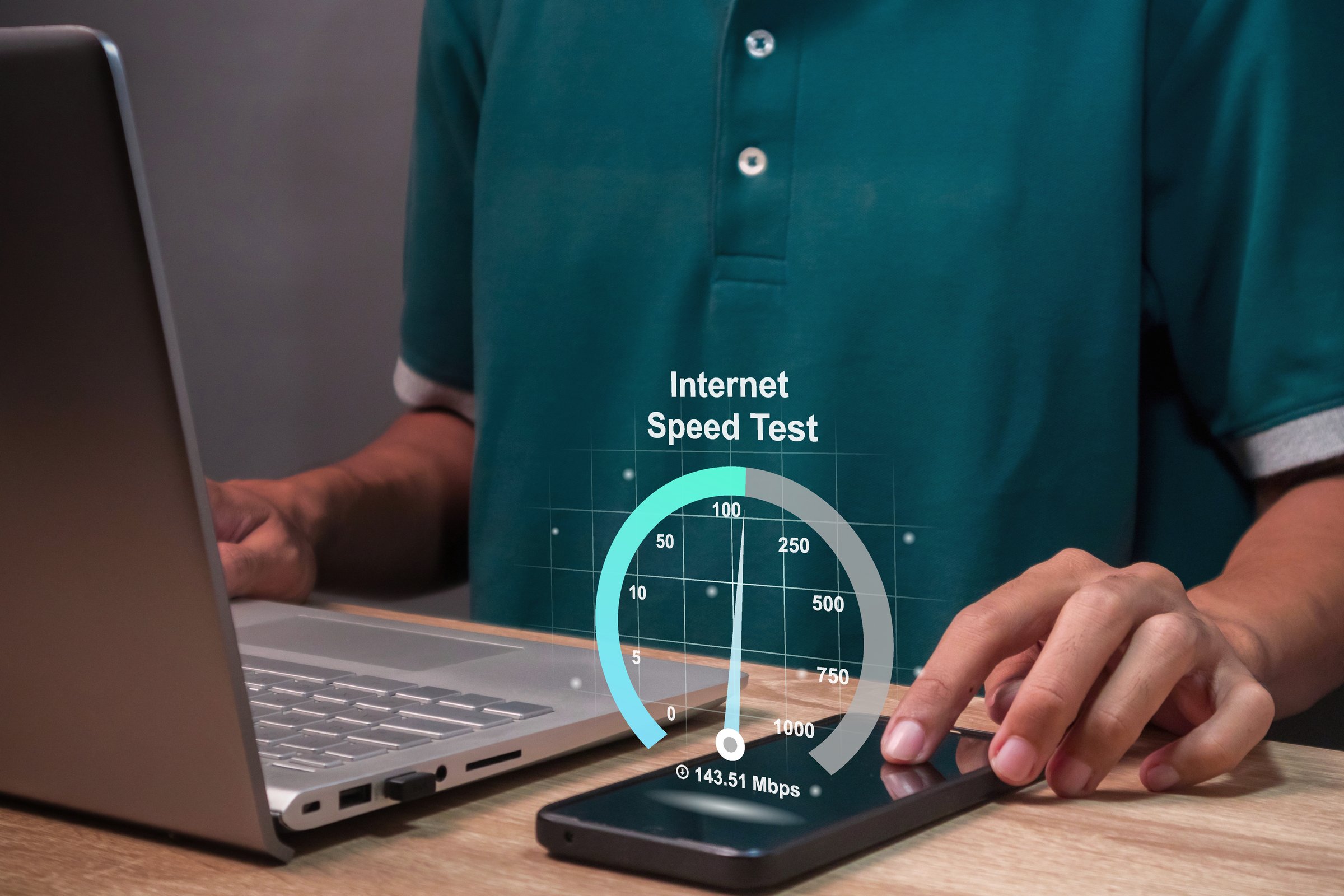 A man working on laptop and checking the internet speed. Internet network connection speed test concept.