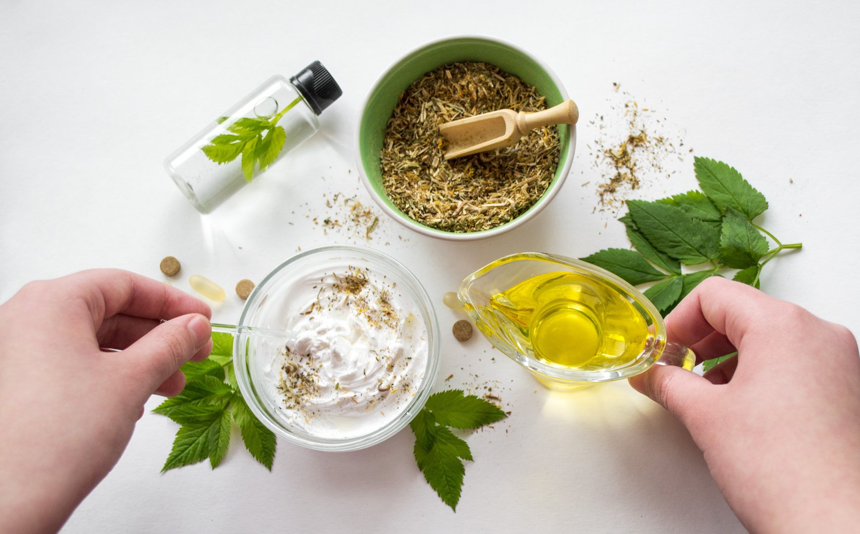 Preparing an alternative medicine, herbal extract: white background, hands hold a jar of oil over a bowl with white essence, and stirring. Bowl with ground dry medicinal herbs, green leaves and pills.