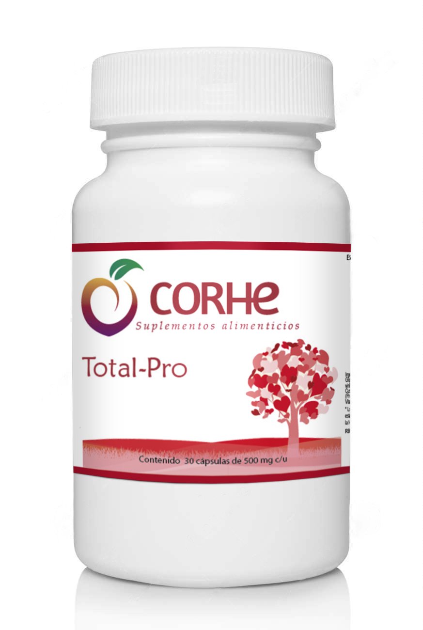 Bottle of Corhe Total-Pro supplements with logo, red text, and tree graphic on a white background.