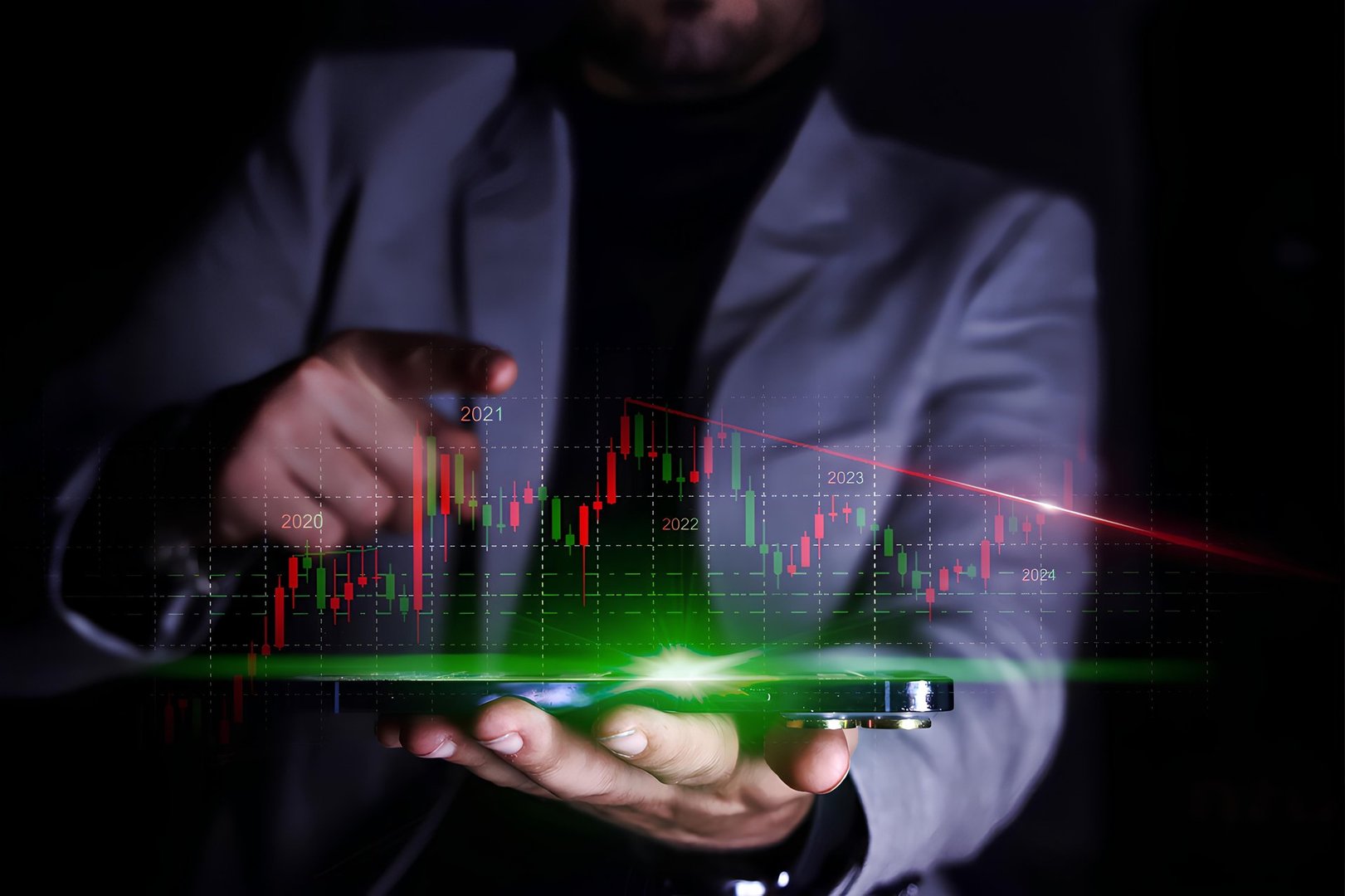 Man analyse stock market using mobile smart phone. Businessman holding smartphone and showing holographic graphs and stock market statistics lost profits.