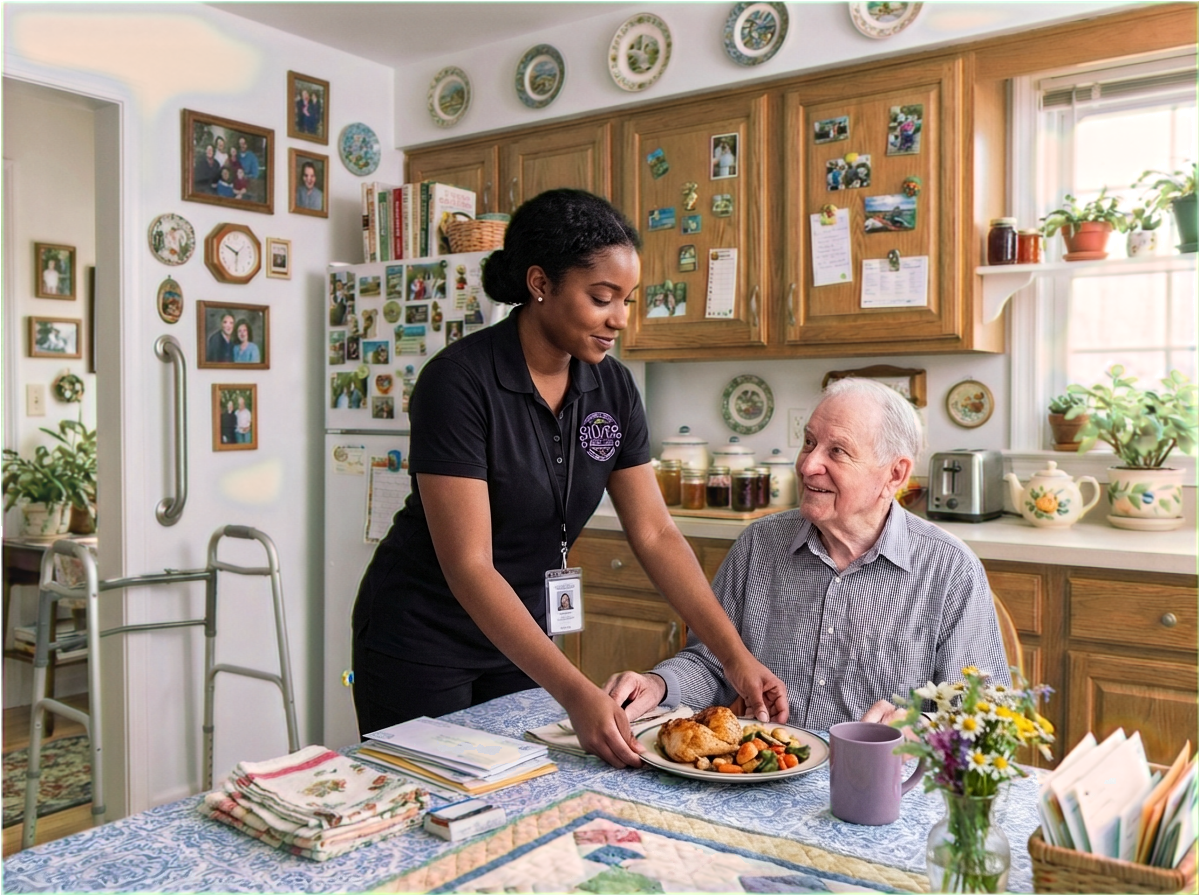 Home health aide cooking in kitchen