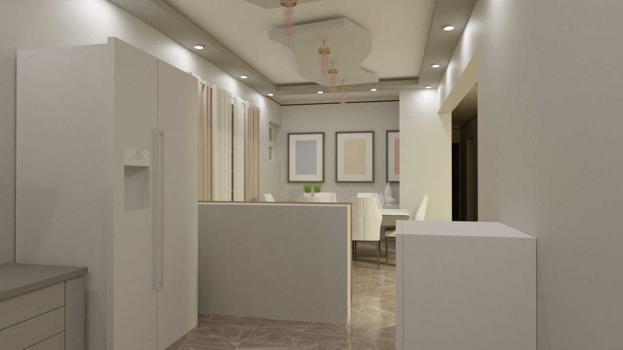 Modern dining area with neutral decor, recessed lighting, and framed art; features a table with white chairs.