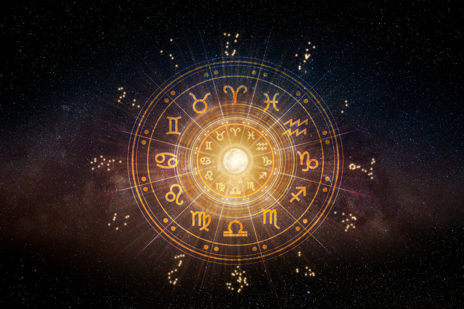 Zodiac signs inside of horoscope circle. Astrology in the sky with many stars and moons astrology and horoscopes concept